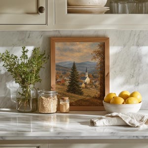 Autumn landscape poster for bedroom — quaint stone church nestled in rolling terrain