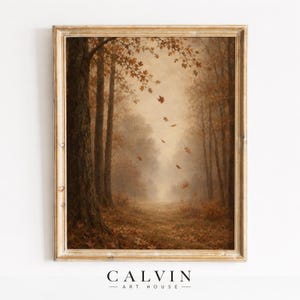 Forest trail printable art for bedroom — moody landscape with drifting maple leaves and hazy atmosphere