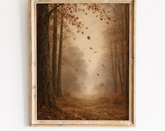 Vintage-Druck einer herbstlichen Waldlandschaft, Gemälde mit fallenden Blättern (Digitaler Download)