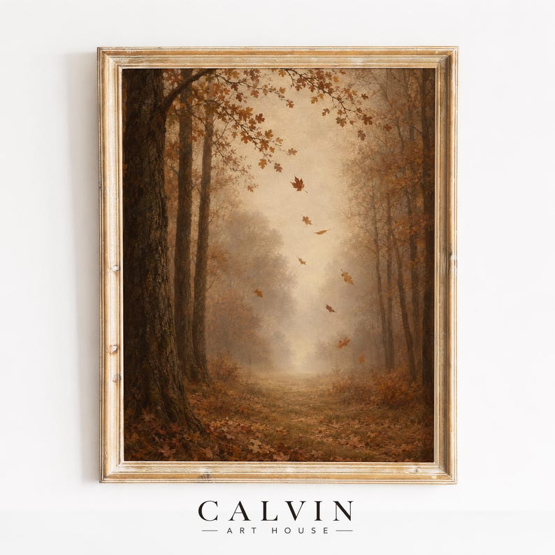 Forest trail printable art for bedroom — moody landscape with drifting maple leaves and hazy atmosphere