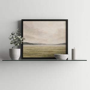 Cottage countryside poster digital download with gentle rolling terrain and misty atmosphere