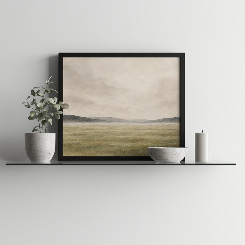 Cottage countryside poster digital download with gentle rolling terrain and misty atmosphere