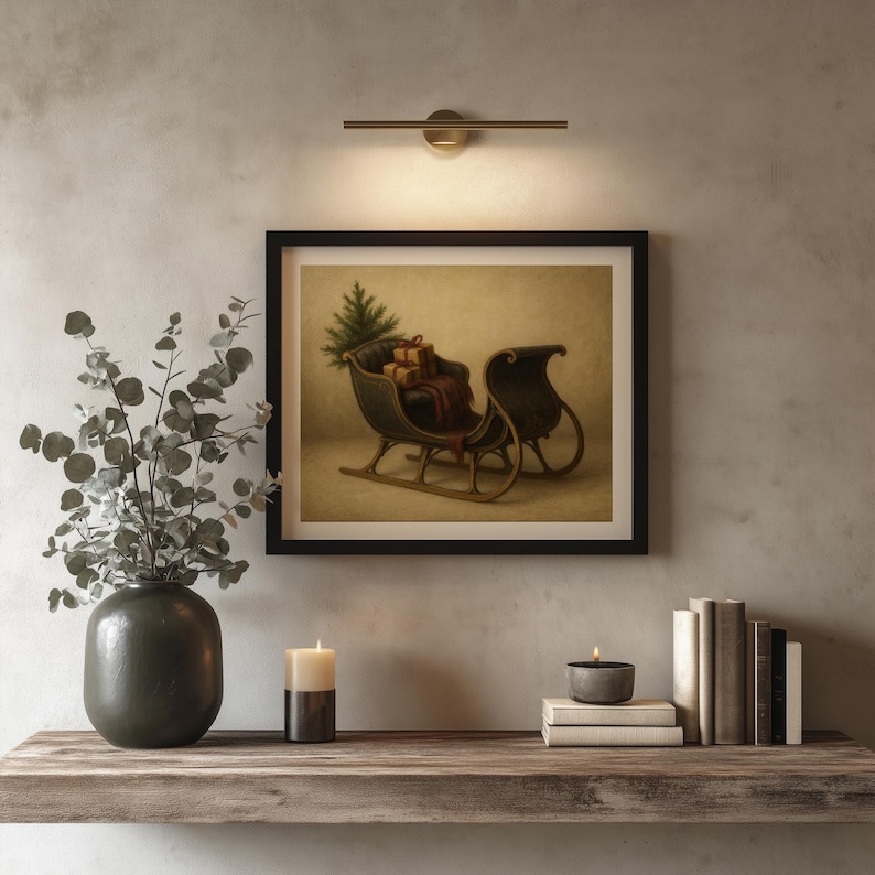 Nostalgic winter holiday picture printable art with sleigh, presents, and evergreen for farmhouse aesthetic spaces