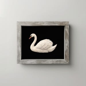 Farmhouse bird artwork printable art — white swan profile with moody black backdrop and neutral decor style
