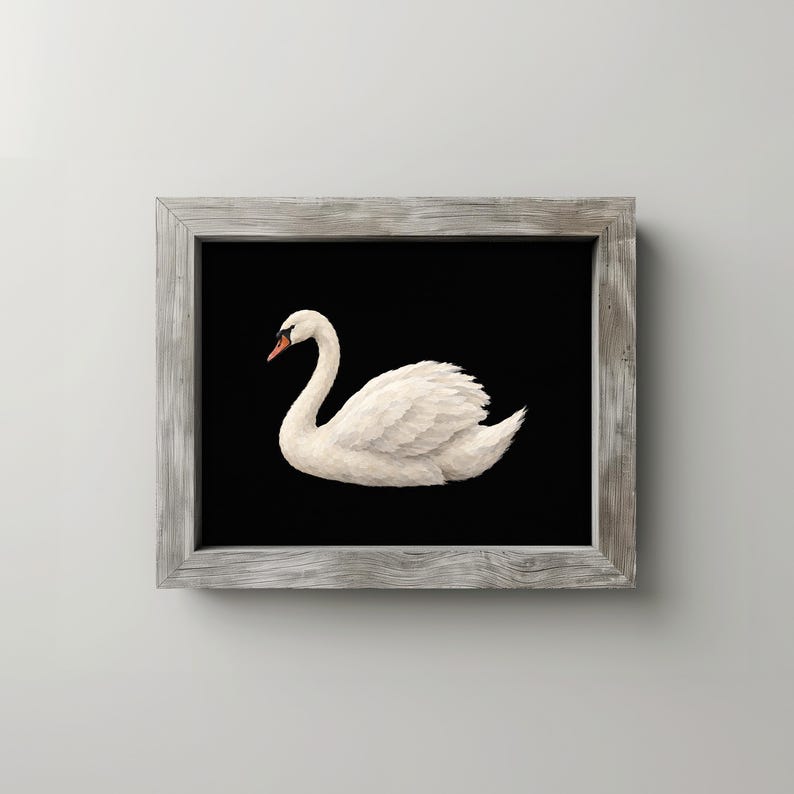 Farmhouse bird artwork printable art — white swan profile with moody black backdrop and neutral decor style