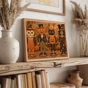 Folk-art style Halloween character lineup instant download — four poseable figures in vintage toy design