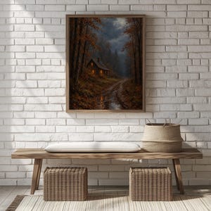 Moody woodland cottage artwork digital file — traditional brushstroke style with deep autumnal hues