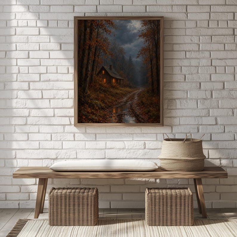 Moody woodland cottage artwork digital file — traditional brushstroke style with deep autumnal hues