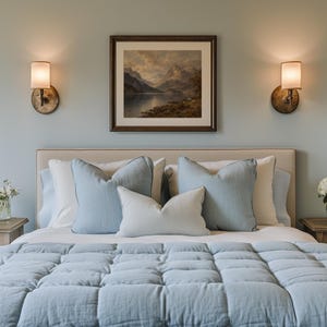 Mountain landscape painting showing calm waters and dense forest — timeless wall decor with atmospheric mood