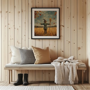 Fall harvest scarecrow wall art for porch — rustic farm scene painting with swirling autumn leaves and vintage charm