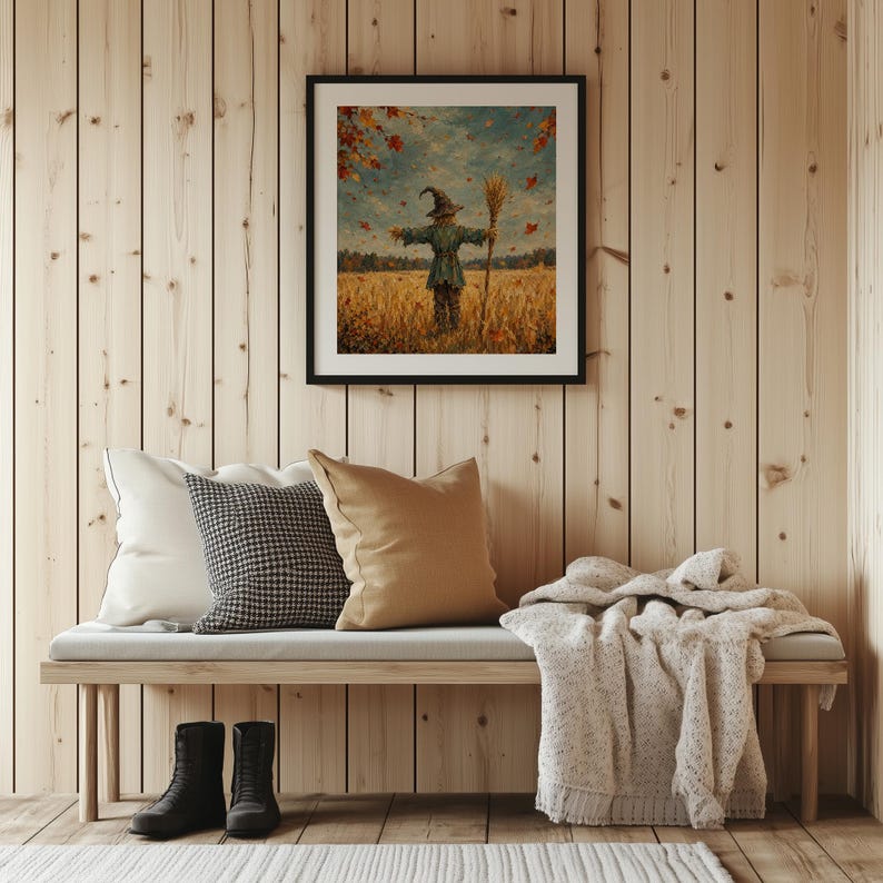 Fall harvest scarecrow wall art for porch — rustic farm scene painting with swirling autumn leaves and vintage charm
