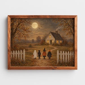 Glowing cottage and costumed kids portrait picture for autumn home — vintage muted palette with peaceful spooky mood