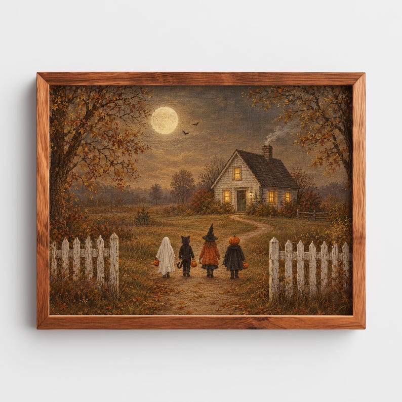 Glowing cottage and costumed kids portrait picture for autumn home — vintage muted palette with peaceful spooky mood