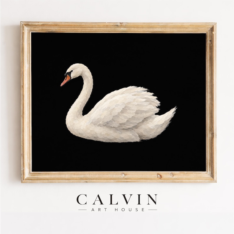 Swan illustration wall print instant download — elegant waterfowl with painterly oil painting quality