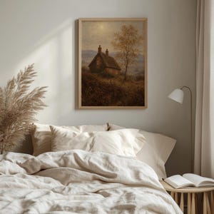 Moody rural landscape painting for living room — misty hills, golden leaves, and vintage aesthetic