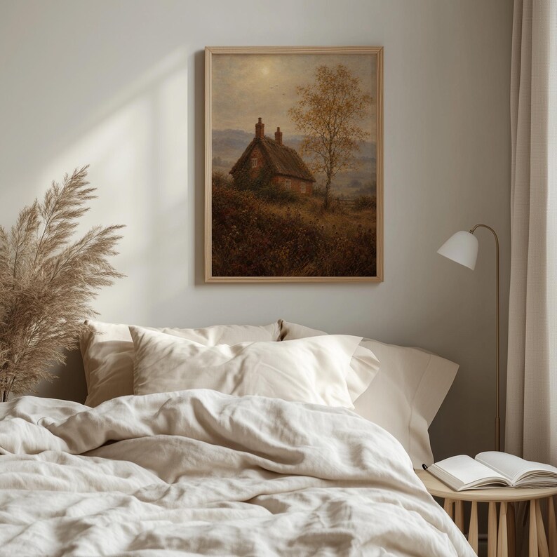 Moody rural landscape painting for living room — misty hills, golden leaves, and vintage aesthetic