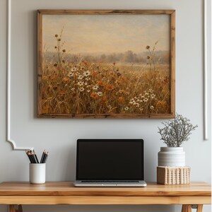 Golden field painting printable art — muted vintage aesthetic capturing autumn meadow with botanical detail
