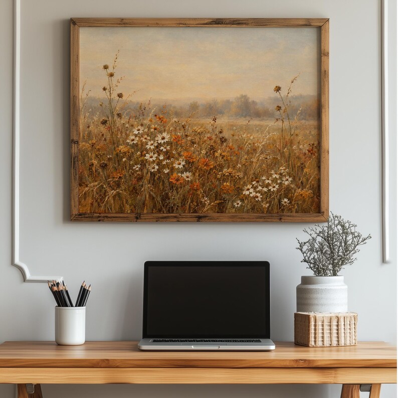 Golden field painting printable art — muted vintage aesthetic capturing autumn meadow with botanical detail