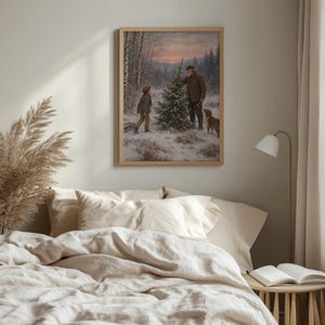 Countryside Christmas tradition wall art for living room — rustic snow-dusted forest with multigenerational bond and warm sunset