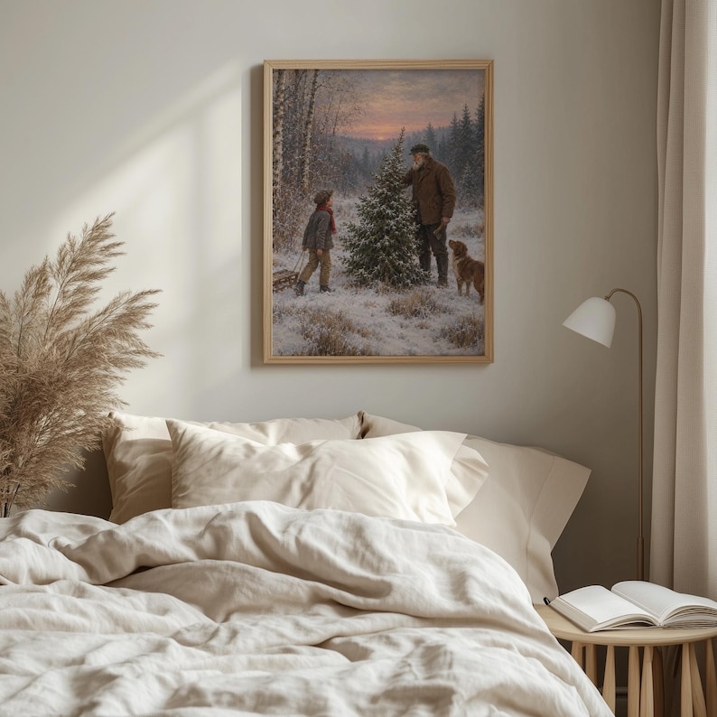Countryside Christmas tradition wall art for living room — rustic snow-dusted forest with multigenerational bond and warm sunset
