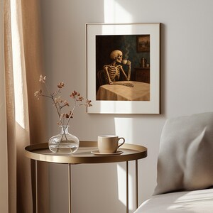Bones figure at furniture wall print for basement — moody Halloween art with antique interior setting