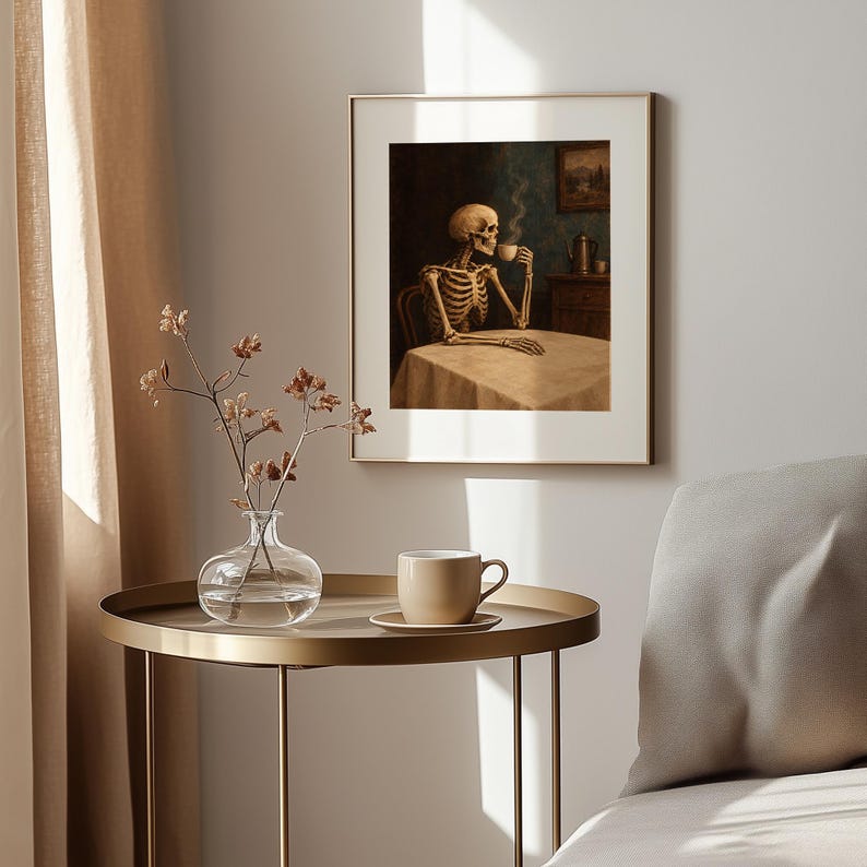 Bones figure at furniture wall print for basement — moody Halloween art with antique interior setting