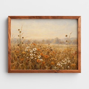 Wildflower meadow painting printable art for bedroom — autumn botanical with white daisies and golden grasses
