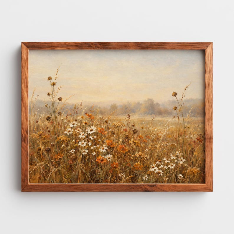 Wildflower meadow painting printable art for bedroom — autumn botanical with white daisies and golden grasses