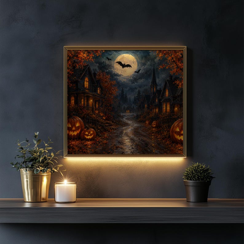 Fall festival poster wall art for kitchen — moonlit haunted houses with glowing pumpkins and warm lighting throughout