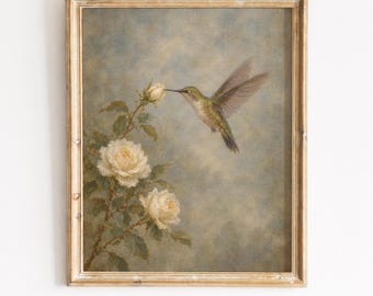 Vintage Hummingbird Painting, Soft Floral Cottagecore Wall Art Printable (Digital Download)