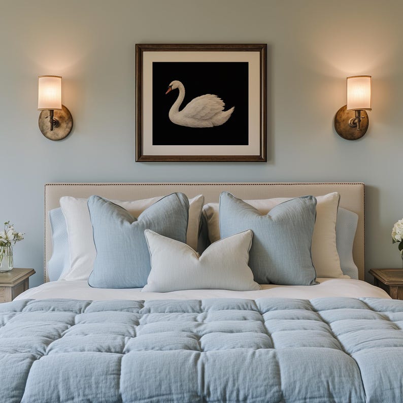 Swan wall art instant download — elegant floating bird with soft plumage detail and refined dark setting