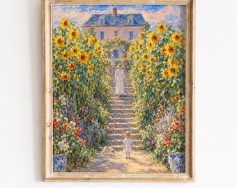 Sunflower Garden Pathway, Vintage Country House Printable Wall Art (Digital Download)
