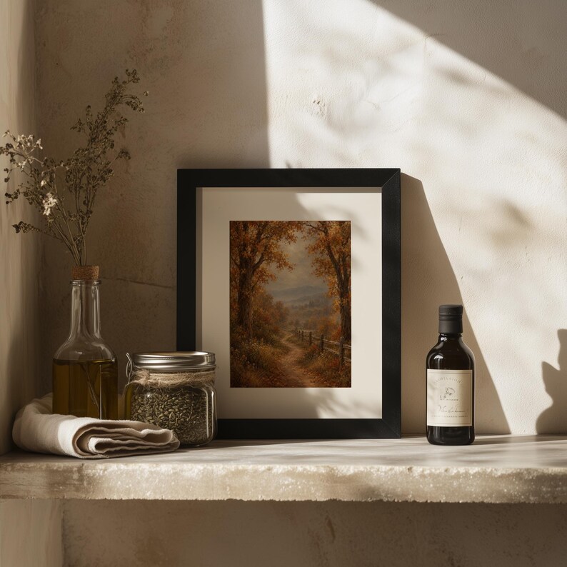 Rustic autumn pathway wall print — vintage-style countryside scene with amber foliage and sage tones