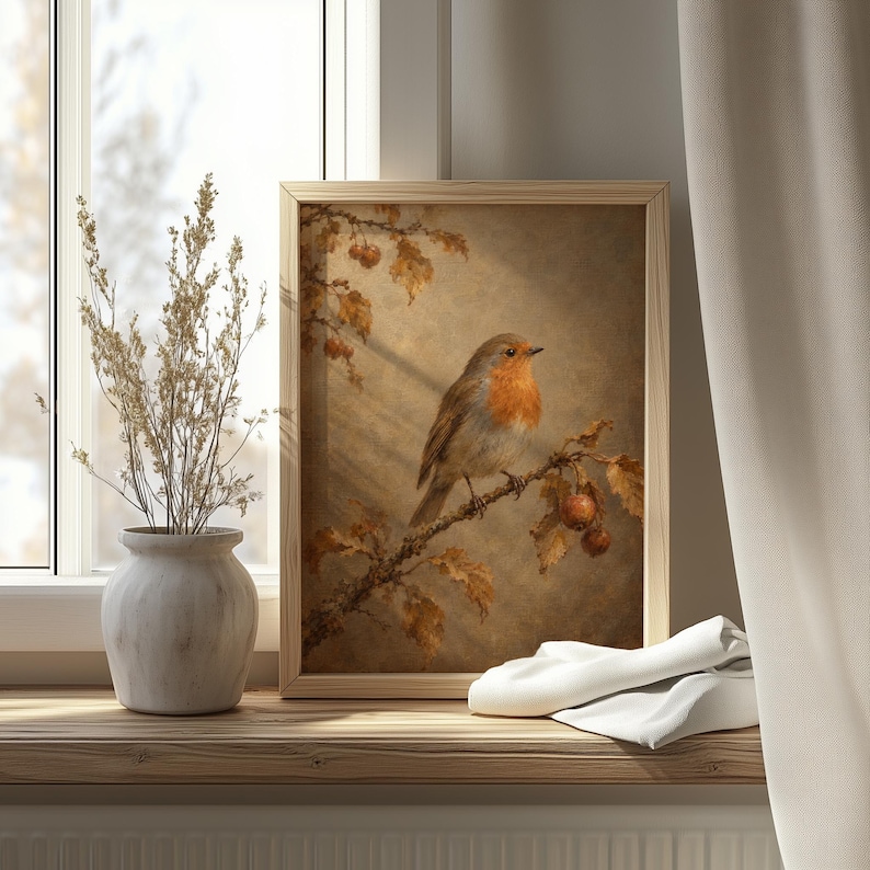 Cozy woodland bird artwork printable for bedroom — rustic autumn palette with textured brushwork