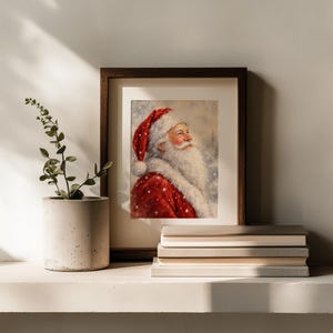 Storybook-style holiday picture featuring gentle Santa character and quiet wintry aesthetic