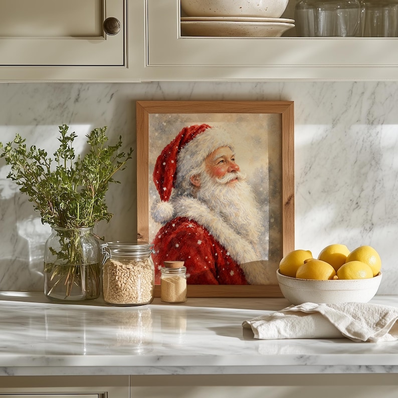 Traditional Christmas character digital print — gentle snowfall backdrop with storybook aesthetic