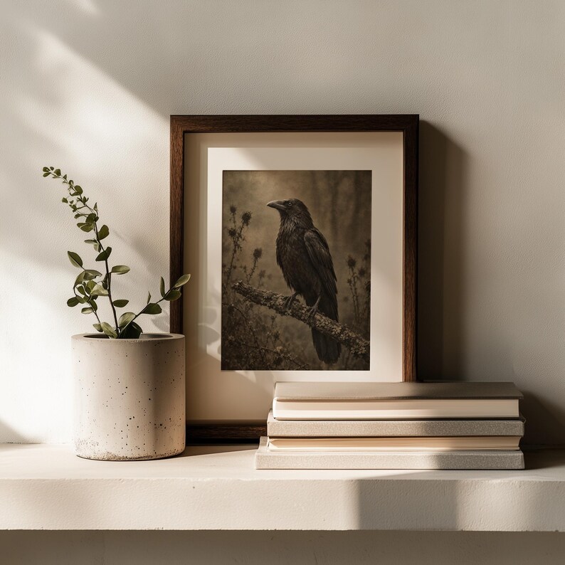 Haunted forest bird artwork instant digital download — sepia-washed vintage aesthetic with weathered botanical surround