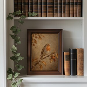 Perched redbreast bird wall print for entryway — timeless nature artwork with muted colors