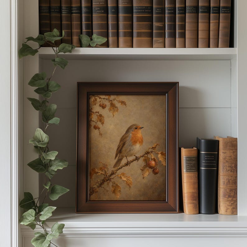 Perched redbreast bird wall print for entryway — timeless nature artwork with muted colors