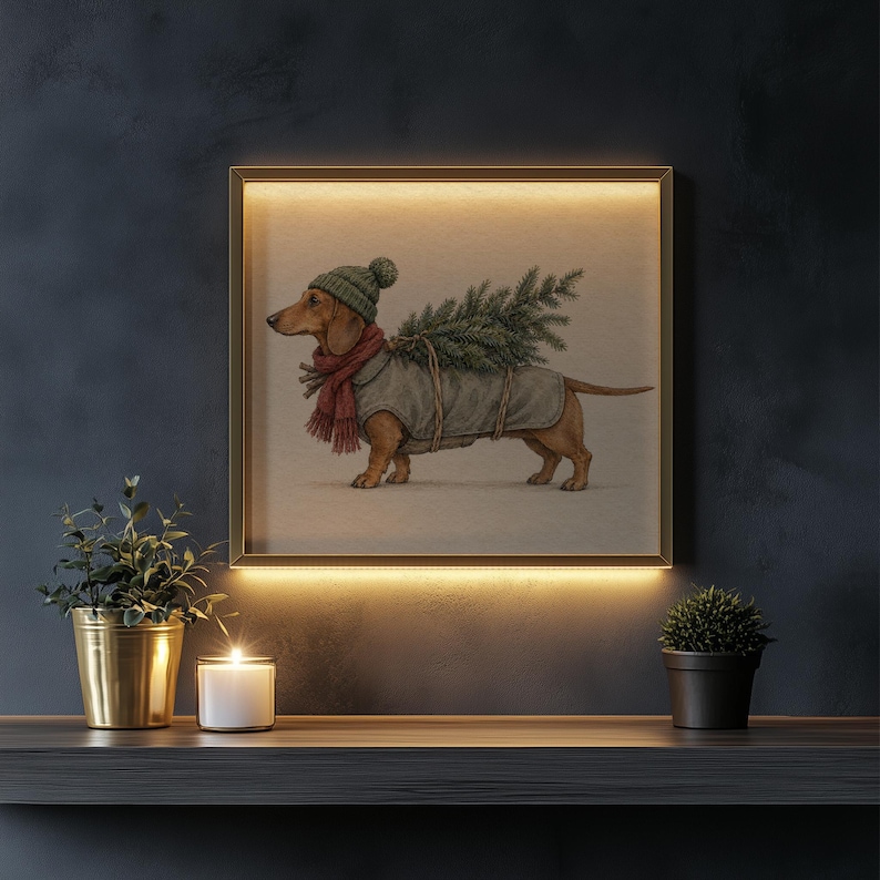 Cute holiday hound carrying pine tree printable poster — soft neutral Christmas wall decor