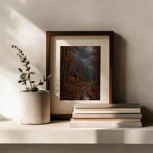 Autumn woods cabin wall poster printable format — vintage aesthetic with textured landscape painting