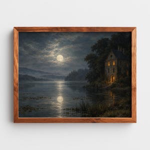 Shadowy shoreline with glowing manor picture for creative space — moody vintage artwork with romantic dark aesthetic