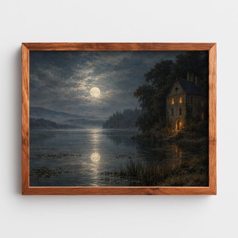 Shadowy shoreline with glowing manor picture for creative space — moody vintage artwork with romantic dark aesthetic