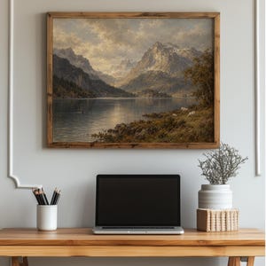 Pastoral mountain and water scene poster for study — rustic grandeur with soft muted palette