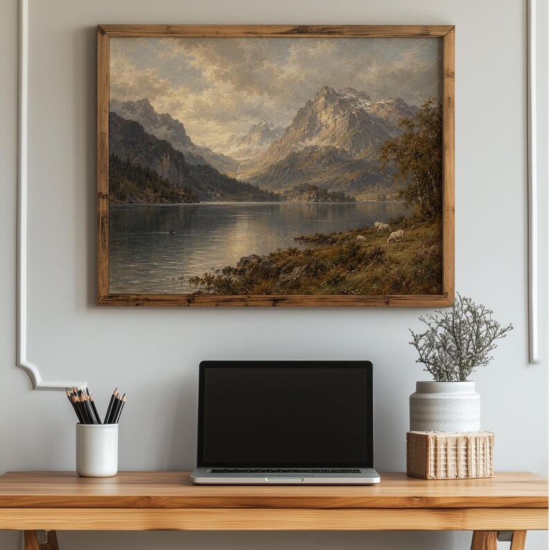 Pastoral mountain and water scene poster for study — rustic grandeur with soft muted palette