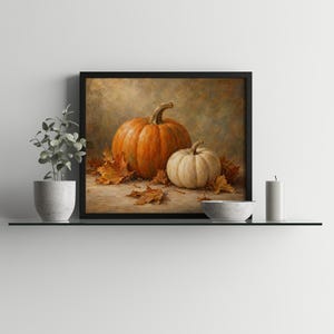 Autumn leaf and pumpkin picture printable art — textured traditional painting with warm harvest aesthetic