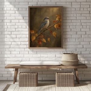 Woodland songbird art print for den — vintage nature study with autumn foliage and moody lighting