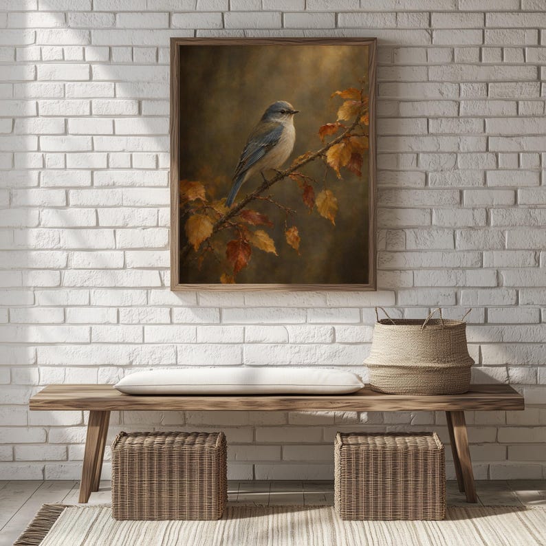 Woodland songbird art print for den — vintage nature study with autumn foliage and moody lighting