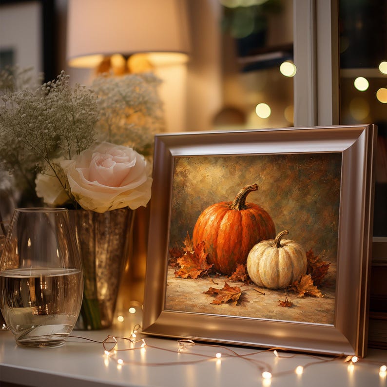 Autumn harvest digital print for living room — traditional still life featuring squash and dried leaves