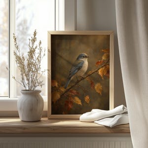 Vintage bird painting wall art — cozy cottagecore style with gnarled branch and warm glowing light